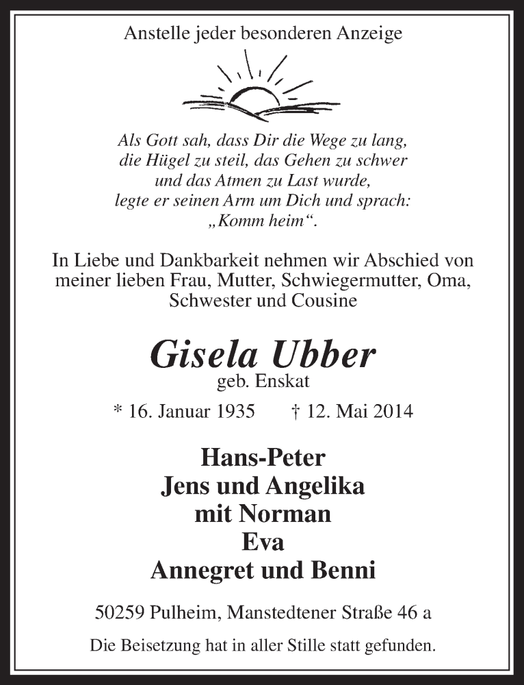 Traueranzeige für Gisela Ubber vom 21.05.2014 aus  Wochenende 