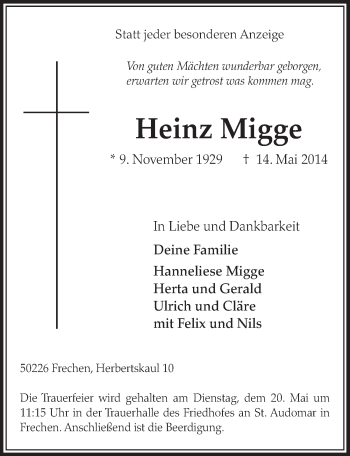 Anzeige von Heinz Migge von  Sonntags-Post 