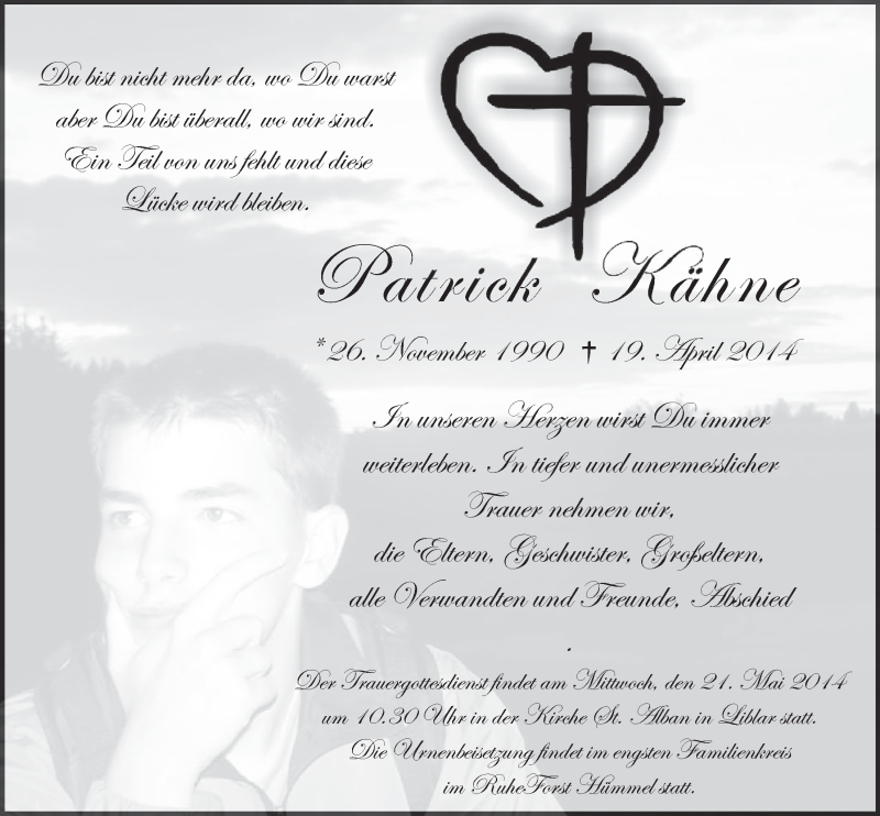  Traueranzeige für Patrick Kähne vom 17.05.2014 aus  Sonntags-Post 
