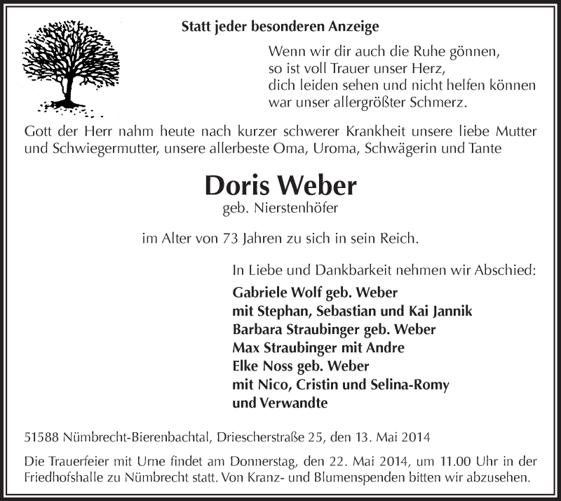  Traueranzeige für Doris Weber vom 21.05.2014 aus  Lokalanzeiger 