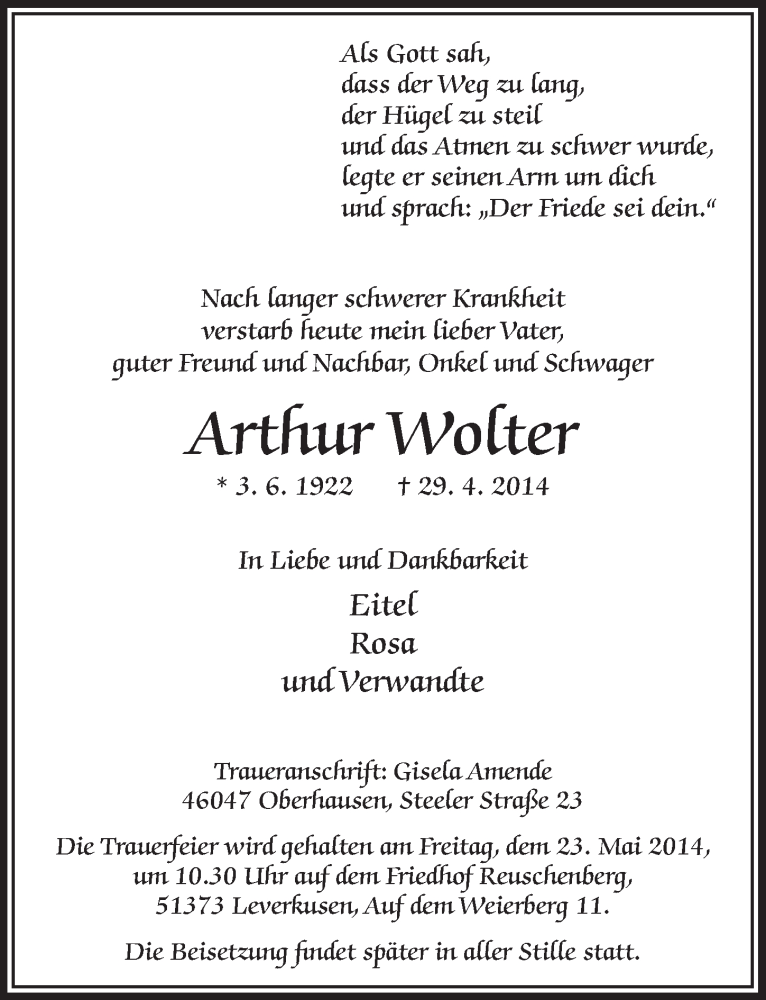  Traueranzeige für Arthur Wolter vom 21.05.2014 aus  Lokale Informationen 