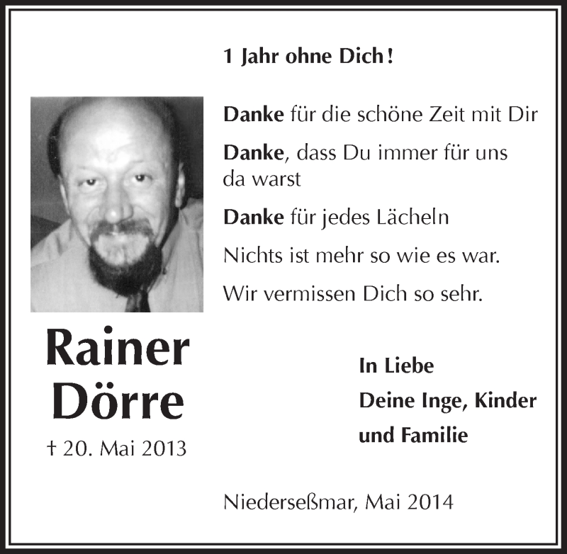  Traueranzeige für Rainer Dörre vom 21.05.2014 aus  Anzeigen Echo 