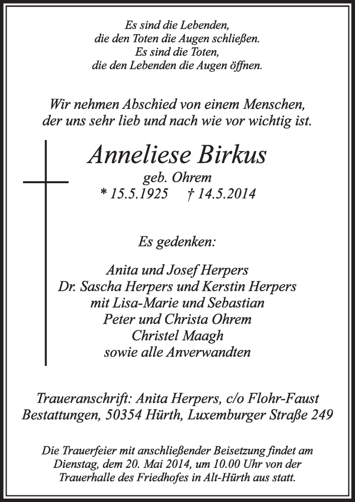  Traueranzeige für Anneliese Birkus vom 17.05.2014 aus  Sonntags-Post 