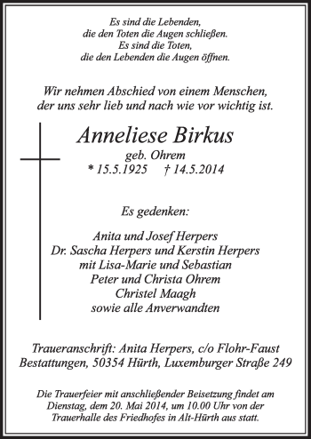 Anzeige von Anneliese Birkus von  Sonntags-Post 