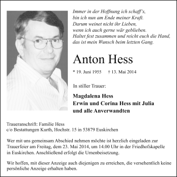 Anzeige von Anton Hess von  Blickpunkt Euskirchen 