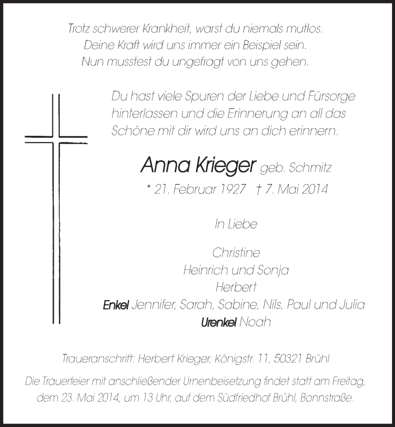  Traueranzeige für Anna Krieger vom 21.05.2014 aus  Schlossbote/Werbekurier 