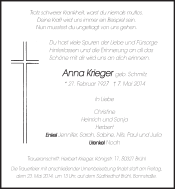 Anzeige von Anna Krieger von  Schlossbote/Werbekurier 