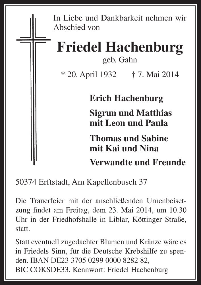  Traueranzeige für Friedel Hachenburg vom 21.05.2014 aus  Werbepost 