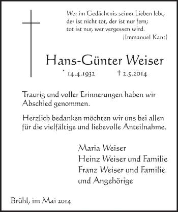 Anzeige von Hans-Günter Weiser von  Schlossbote/Werbekurier 