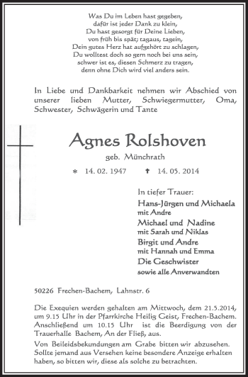 Anzeige von Agnes Rofshoven von  Sonntags-Post 