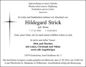 Anzeige von Hildegard Strick von  Blickpunkt Euskirchen 