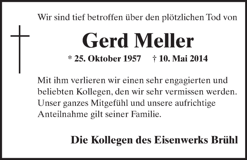  Traueranzeige für Gerd Meller vom 21.05.2014 aus  Schlossbote/Werbekurier 