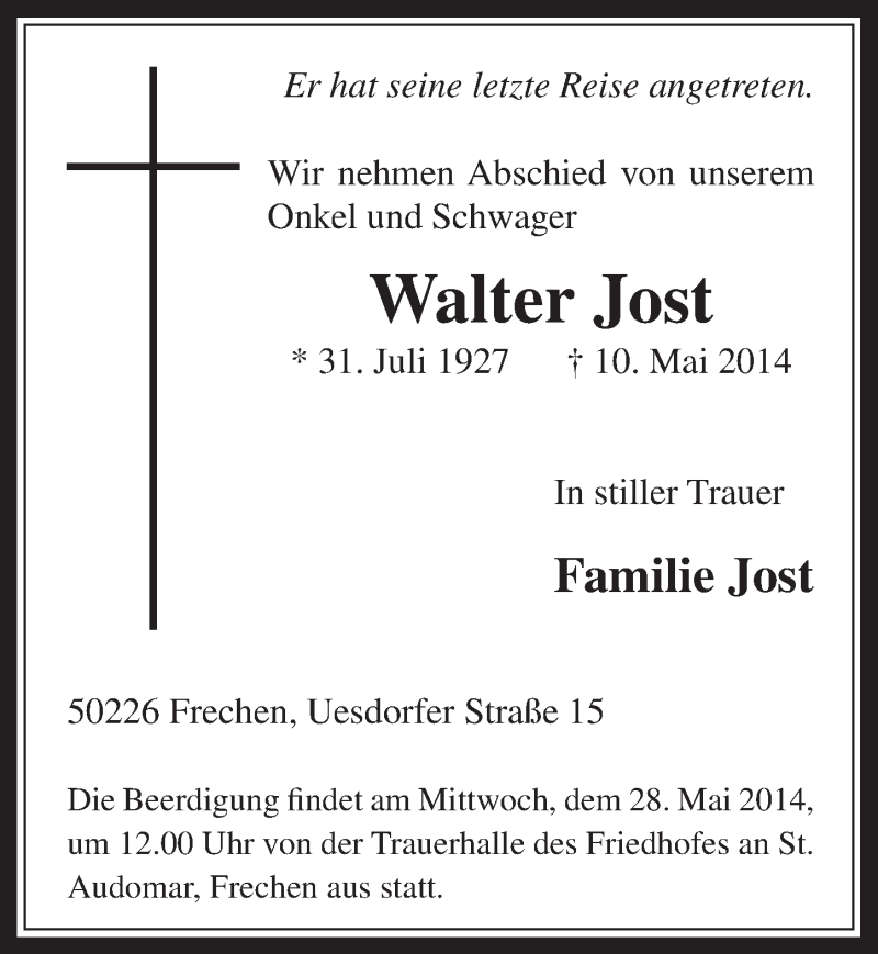  Traueranzeige für Walter Jost vom 21.05.2014 aus  Wochenende 