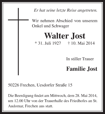 Anzeige von Walter Jost von  Wochenende 