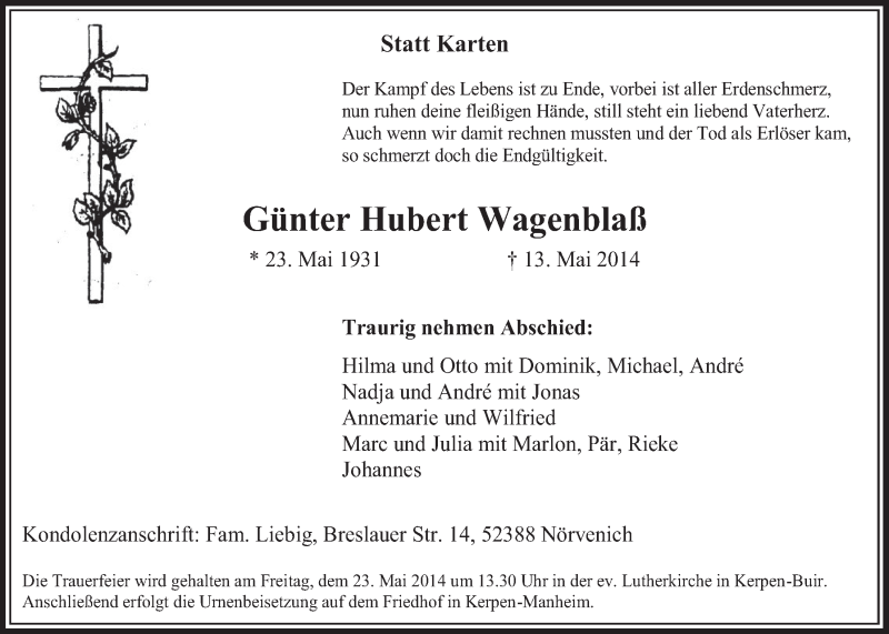 Traueranzeige für Günter Hubert Wagenblaß vom 17.05.2014 aus  Sonntags-Post 