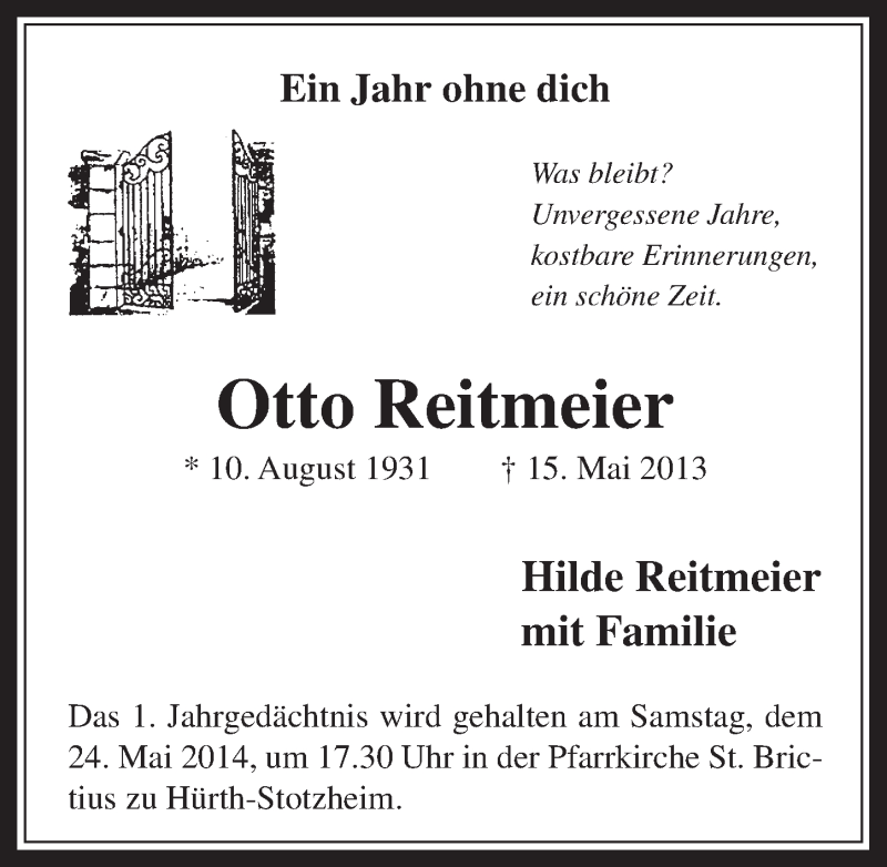  Traueranzeige für Otto Reitmeier vom 21.05.2014 aus  Wochenende 