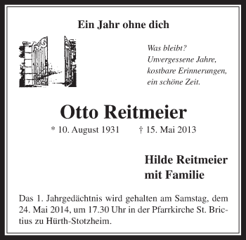 Anzeige von Otto Reitmeier von  Wochenende 