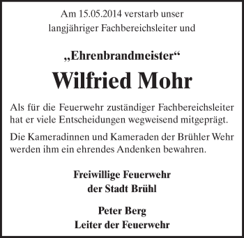 Anzeige von Wilfried Mohr von  Schlossbote/Werbekurier 
