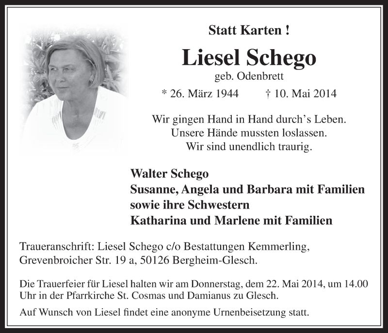  Traueranzeige für Liesel Schego vom 21.05.2014 aus  Werbepost 
