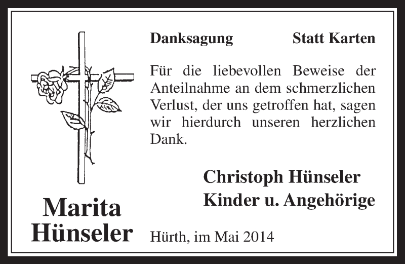  Traueranzeige für Marita Hünseler vom 21.05.2014 aus  Wochenende 