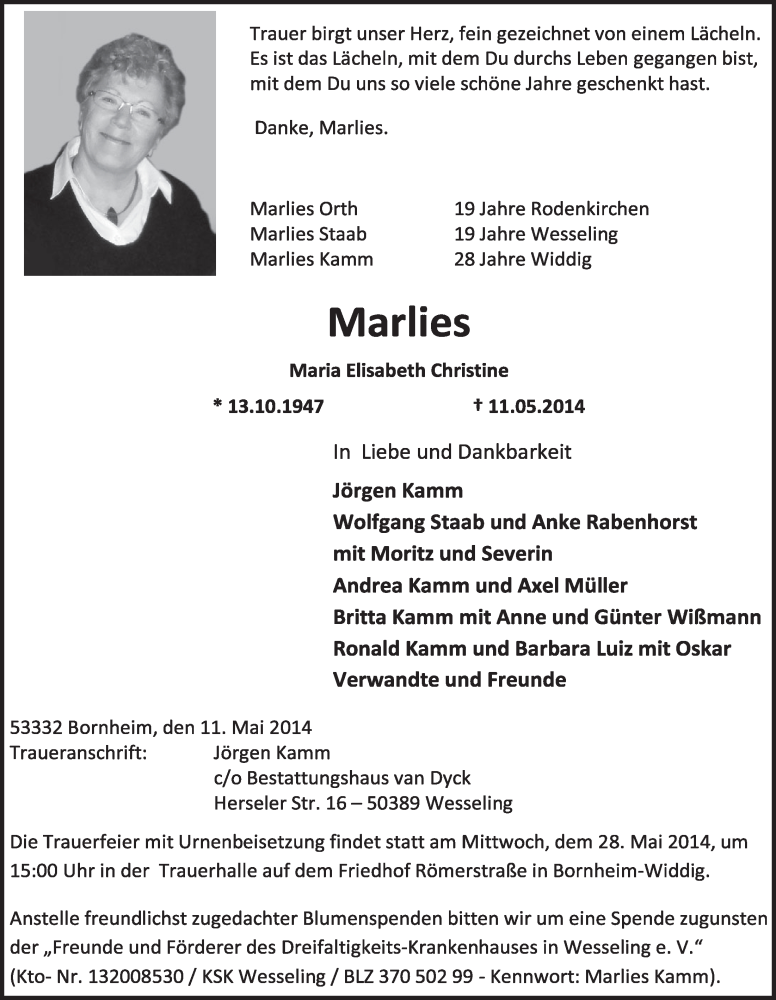  Traueranzeige für Marlies  vom 21.05.2014 aus  Schlossbote/Werbekurier 