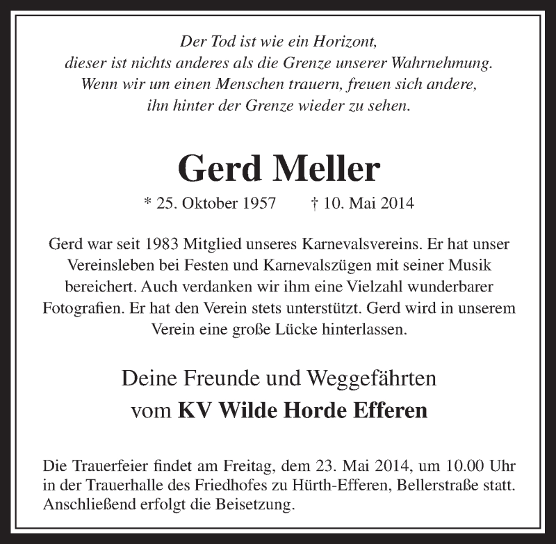  Traueranzeige für Gerd Meller vom 21.05.2014 aus  Wochenende 