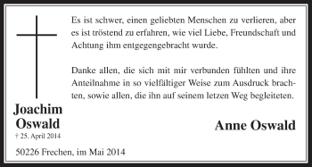 Anzeige von Joachim Oswald von  Wochenende 