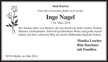 Anzeige von Inge Nagel von  Wochenende 