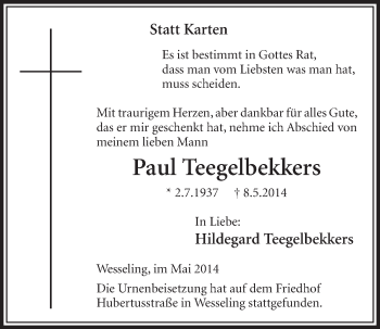 Anzeige von Paul Teegelbekkers von  Schlossbote/Werbekurier 