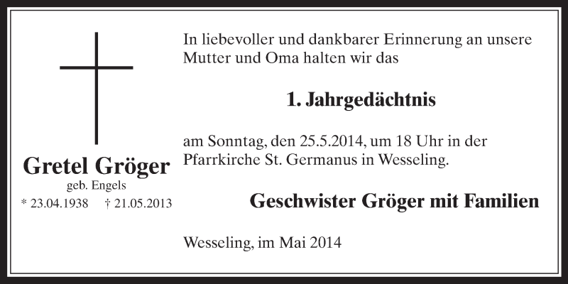  Traueranzeige für Gretel Gröger vom 21.05.2014 aus  Schlossbote/Werbekurier 