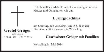 Anzeige von Gretel Gröger von  Schlossbote/Werbekurier 