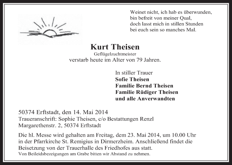  Traueranzeige für Kurt Theisen vom 21.05.2014 aus  Werbepost 