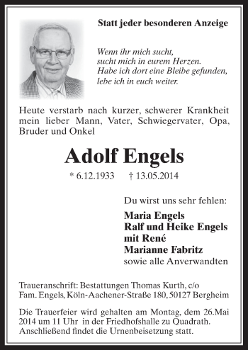 Anzeige von Adolf Engels von  Werbepost 
