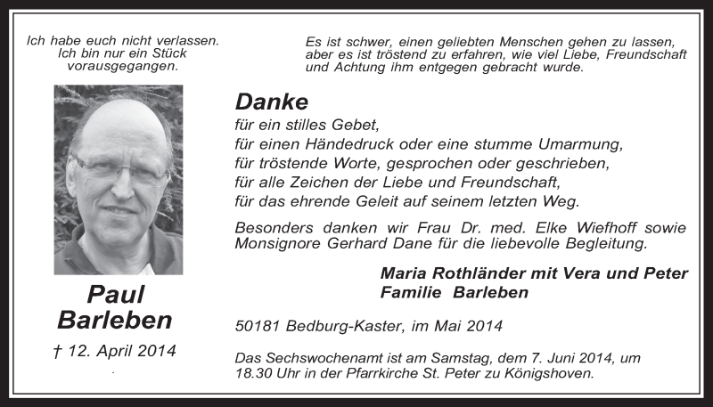  Traueranzeige für Paul Barleben vom 21.05.2014 aus  Werbepost 