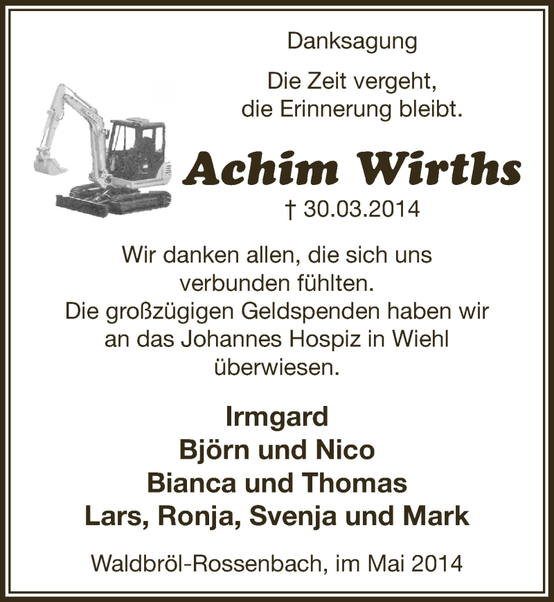  Traueranzeige für Achim Wirths vom 21.05.2014 aus  Lokalanzeiger 