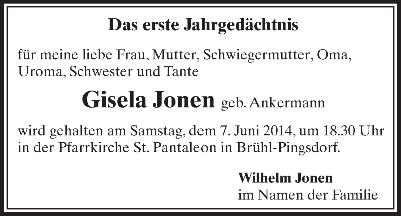  Traueranzeige für Gisela Jonen vom 21.05.2014 aus  Schlossbote/Werbekurier 