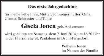 Anzeige von Gisela Jonen von  Schlossbote/Werbekurier 