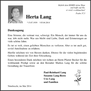 Anzeige von Herta Lang von  Lokalanzeiger 