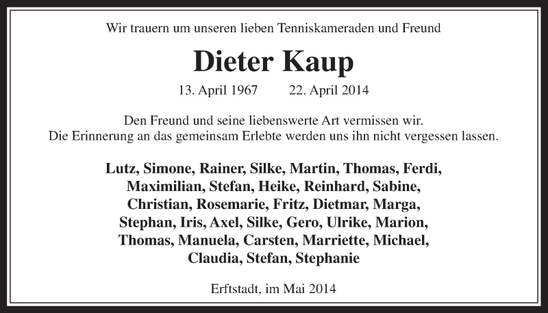  Traueranzeige für Dieter Kaup vom 21.05.2014 aus  Werbepost 