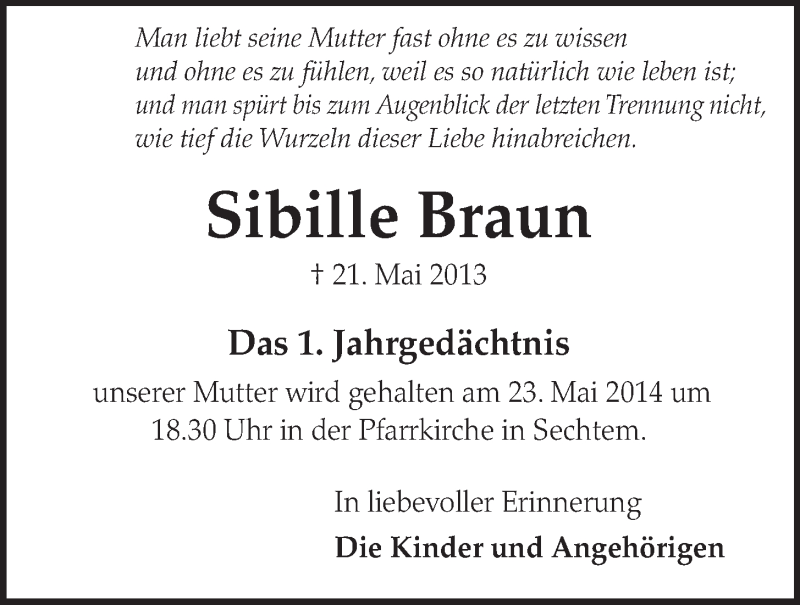  Traueranzeige für Sibille Braun vom 21.05.2014 aus  Schlossbote/Werbekurier 