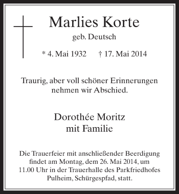 Anzeige von Marlies Korte von  Wochenende 
