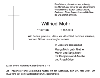 Anzeige von Wilfried Mohr von  Schlossbote/Werbekurier 