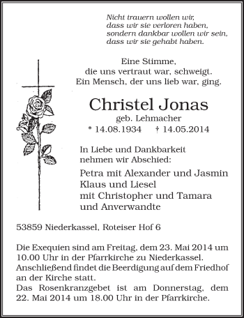 Anzeige von Christel Jonas von  Extra Blatt 