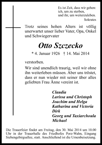 Anzeige von Otto Szczecko von  Kölner Wochenspiegel 