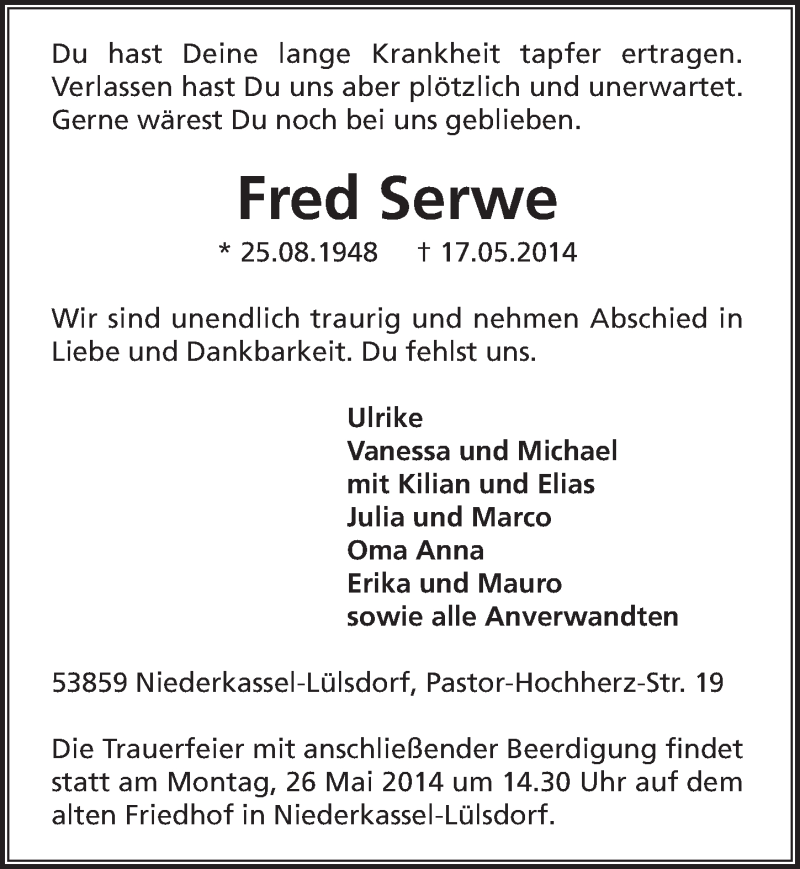  Traueranzeige für Fred Serwe vom 21.05.2014 aus  Kölner Wochenspiegel  Extra Blatt 