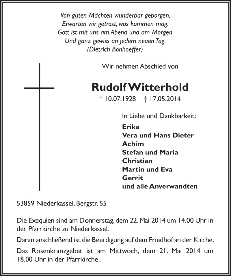  Traueranzeige für Rudolf Witterhold vom 21.05.2014 aus  Extra Blatt 