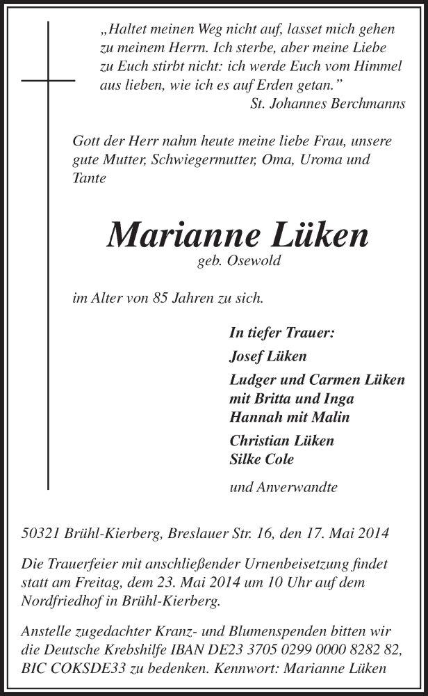  Traueranzeige für Marianne Lken vom 21.05.2014 aus  Schlossbote/Werbekurier 