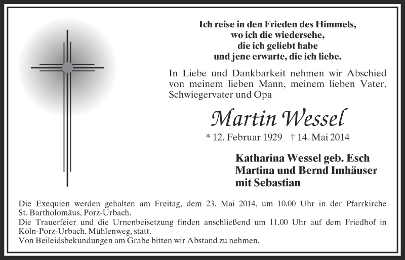  Traueranzeige für Martin Wesser vom 21.05.2014 aus  Kölner Wochenspiegel 
