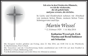 Anzeige von Martin Wesser von  Kölner Wochenspiegel 