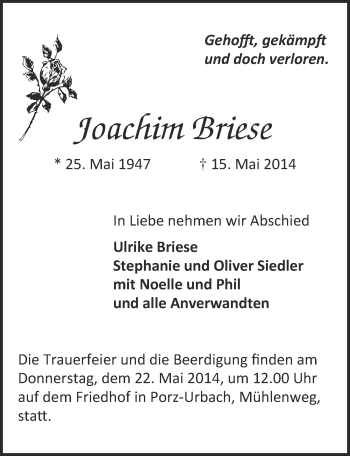 Anzeige von Joachim Briese von  Kölner Wochenspiegel 